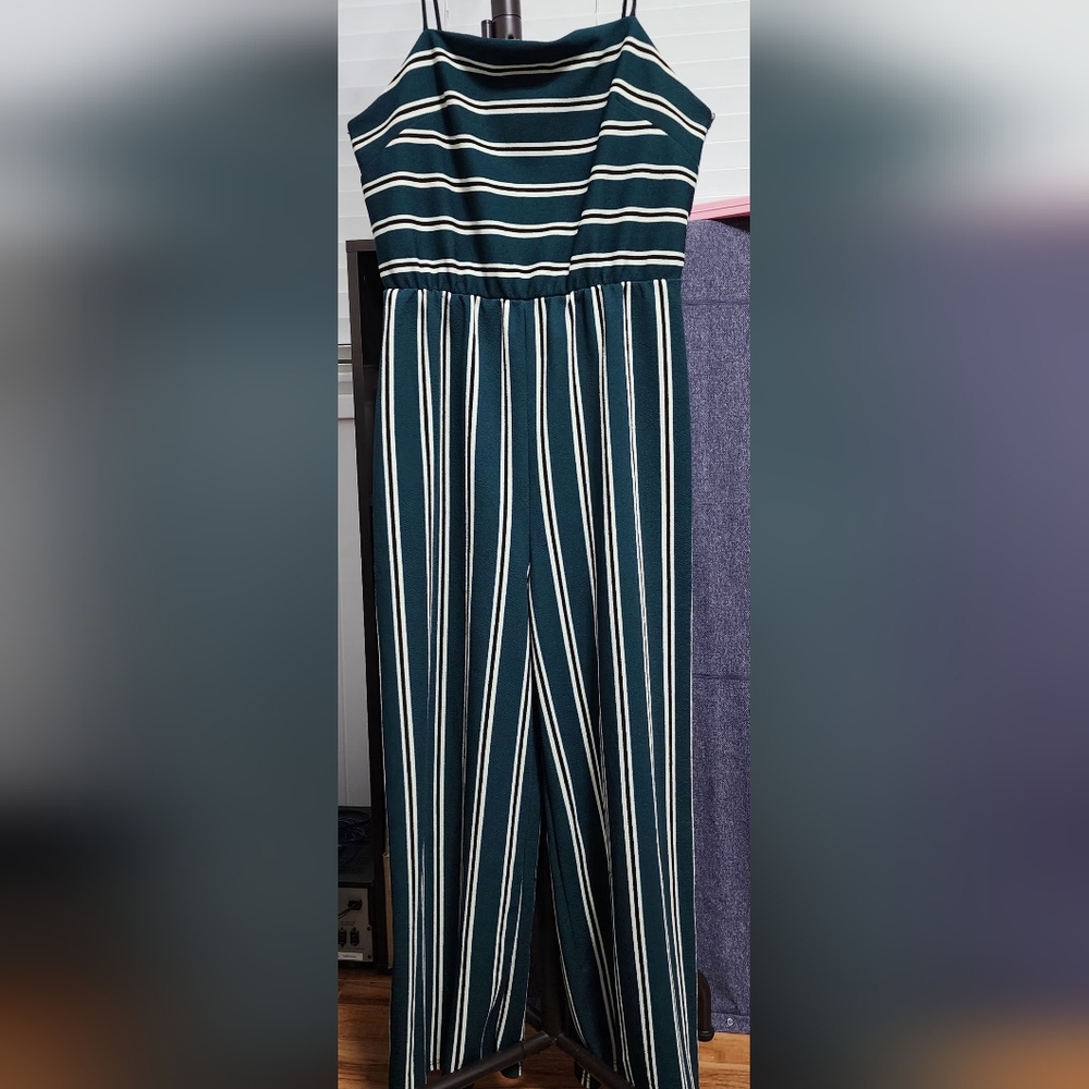 #057 Vibe Green and White Striped Jumpsuit